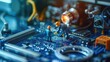 © JK_kyoto - Miniature workers repairing a circuit board, showcasing technology and teamwork in electronics development and maintenance.