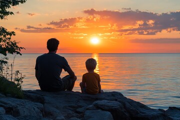 father and son watching sunset, Generative AI