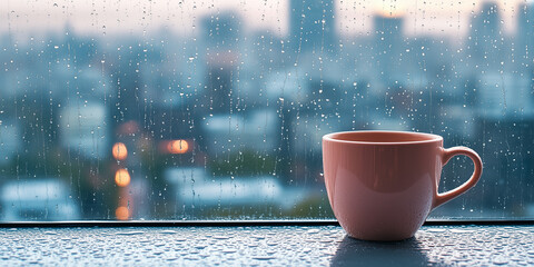 Steaming cup of coffee resting on windowsill during rainstorm in city