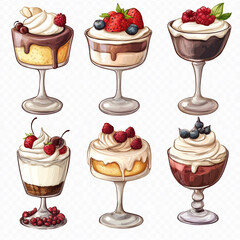 Desserts in wine glasses topped with whipped cream and berries