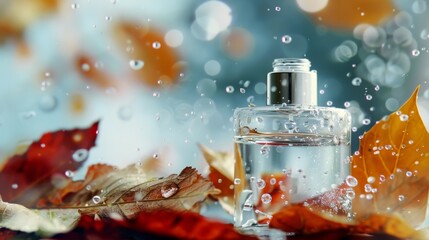 Wall Mural - Water droplets fall from vibrant leaves into a premium cosmetic bottle