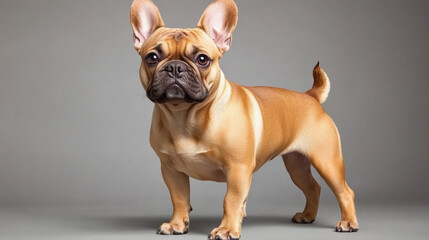 Poster - A brown french bulldog standing on a gray background, AI