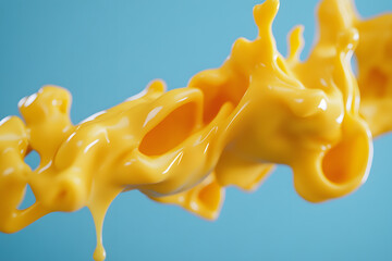 Canvas Print - Flying mac and cheese pasta with melted cheese sauce on blue background