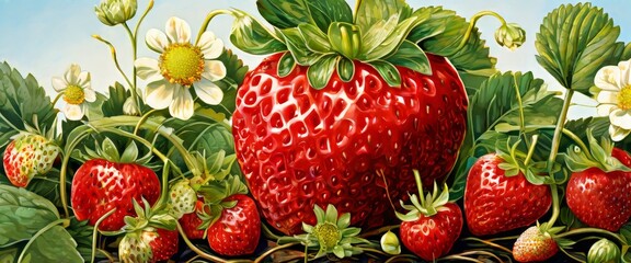 Wall Mural - A hyper-realistic depiction of a giant strawberry with smaller strawberries, flowers, and leaves in a lush garden setting. The scene is bursting with vibrant colors and natural elements, evoking a