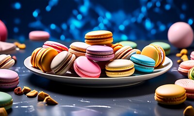 A vibrant assortment of colorful macarons displayed on a white plate against a soft bokeh lights background. The playful arrangement and bright hues make this image ideal for themes of celebration