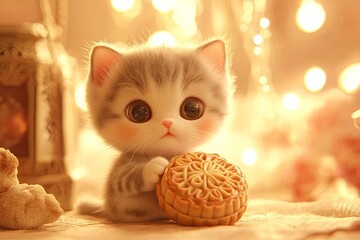 Playful Kitten with Mooncake A cute little kitten