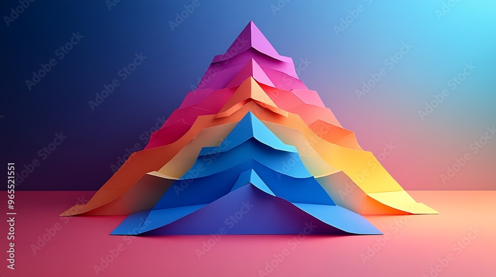 A detailed 3D papercraft pyramid chart, vibrant paper layers stacked neatly into a pyramid shape, each layer slightly offset for depth, glowing soft light, shadows cast below,