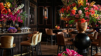 High-resolution photograph of an elegant bar setting with luxury tables, chairs, and colorful flowers. With copy space for text