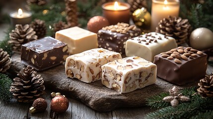 A rustic holiday table featuring different types of Spanish turrón, including soft nougat with almonds and chocolate-covered turrón, surrounded by festive decorations like candles, pine cones,