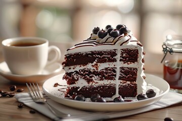 Wall Mural - On a white plate lies a piece of multi-layer chocolate cake with white icing, decorated with blueberries. There is a fork nearby. A cup of coffee and a can are visible.