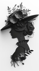 Canvas Print - Black silhouette of a woman with a flower in her hair, wearing a hat on a white background.