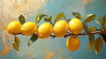 Wall Mural - A branch of ripe lemons. View of the riviera. Oil painting, watercolor. Realistic image. Art for the interior.