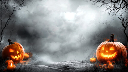 grey halloween background with pumpkins and tree. abstract grunge wallpaper for design holiday party