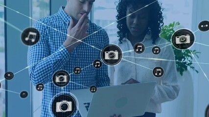 Poster - Animation of network of connections with devices icons over diverse business people in office