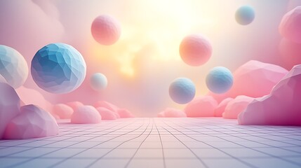 A modern 3D papercraft bubble chart, pastel-colored paper spheres floating at varying heights above a clean grid, soft folds and paper textures, glowing light casting realistic shadows,