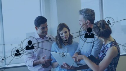 Poster - Animation of network of connections with people icons over diverse business people in office