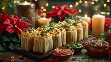 Wall Mural - A traditional Mexican holiday spread with tamales wrapped in corn husks, served with vibrant salsas and garnished with fresh herbs,