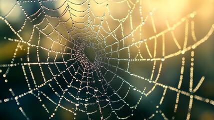 Detailed close-up of water droplets on a spider web after a rainstorm, glistening in early morning light, intricate web pattern enhanced by droplets, soft and ethereal atmosphere, delicate and