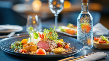 A luxurious restaurant table with a bottle of mineral water, gourmet dishes, and dim lighting