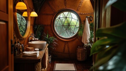 Wall Mural - A bathroom with a round window overlooking a lush green forest, a white sink, wooden shelves, and a white towel hanging on the wall.