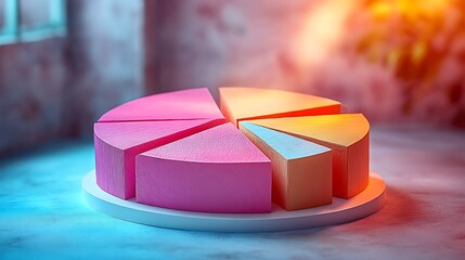 A segmented 3D papercraft pie chart, bright textured paper wedges lifted from a clean circular base, smooth shadows adding depth, minimalist backdrop, precise cuts, glowing ambient light,