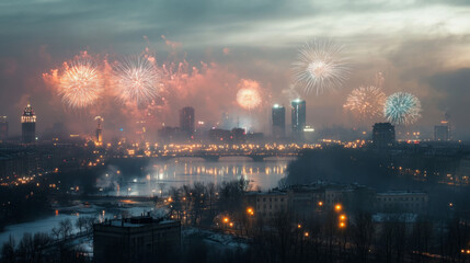 Wall Mural - Fireworks over the New Year's city light up the sky, marking the beginning of 2025 in bright colors.