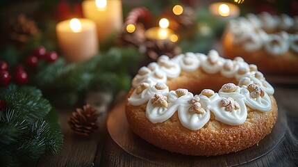 Wall Mural - Close-up of a beautifully decorated Norwegian Kransekake, the ring-shaped almond cake adorned with white icing, placed on a rustic wooden table with holiday greenery, glowing candles,