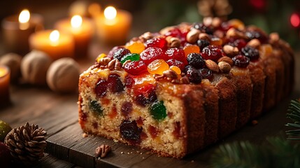 Wall Mural - Close-up of a traditional Portuguese Bolo Rei, showing the colorful candied fruits and crunchy nuts on top, placed on a rustic wooden table with soft glowing candles and festive holiday decor,