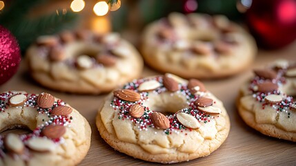 Wall Mural - Close-up of buttery Dutch Kerstkransjes cookies, shaped into perfect wreaths and topped with almonds and festive sprinkles, displayed on a wooden table with pine branches and red Christmas ornaments,