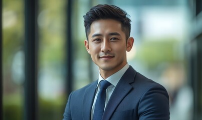 Wall Mural - Young Asian businessman in formal wear portrait of confident businessman in office professional business attire, emphasizing confidence and success, Generative AI