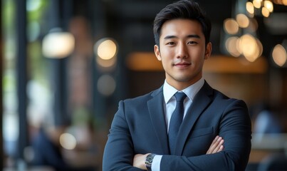 Young Asian businessman in formal wear portrait of confident businessman in office professional business attire, emphasizing confidence and success, Generative AI