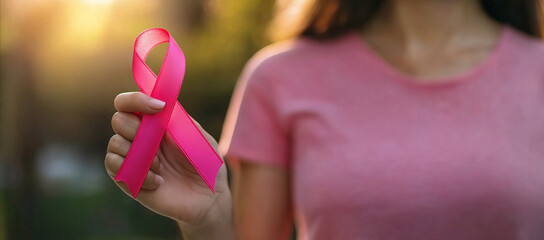 Wall Mural - Close up of a woman holding a pink breast cancer awareness ribbon