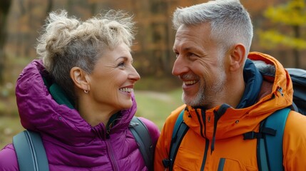 Poster - A man and woman smiling at each other while wearing backpacks, AI