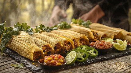 Wall Mural - Close-up of Mexican tamales, steamed and wrapped in corn husks, with a variety of salsas and garnishes like cilantro, lime wedges, and sliced jalapeños, set on a rustic wooden table,