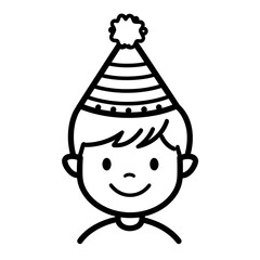 Wall Mural - Little kid boy in festive birthday hat on head line black icon isolated on white background. Party icon
