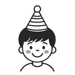 Wall Mural - Little kid boy in festive birthday hat on head line black icon isolated on white background. Party icon
