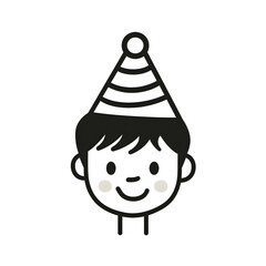 Wall Mural - Little kid boy in festive birthday hat on head line black icon isolated on white background. Party icon
