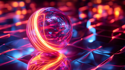 neon pulse sphere, with glowing lines of neon light flowing from its core, casting abstract light patterns on surrounding metallic surfaces