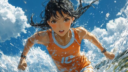 Anime Girl Running Through Water: A vibrant anime girl with long black hair runs through the water with determination and energy. Her orange tank top and shorts, with the number 