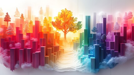 Wall Mural - A vibrant 3D papercraft tree map, colorful paper rectangles of different heights layered on a grid, glowing light creating depth, soft shadows, intricate paper details, minimalist clean backdrop.