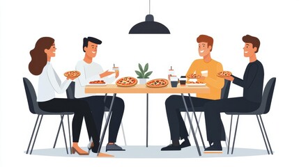 Colleagues having meal, business lunch at dining table in office. People eating pizza together at break. Employees coworkers relaxing, talking. Flat  illustration isolated on white, Generative AI