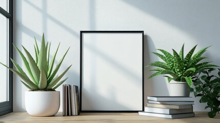 Poster - Modern Minimalist Interior Design with Empty Frame and Plants