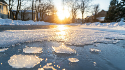 Crystal-clear ice and snowy drifts against the backdrop of bright winter sunshine, welcoming 2025