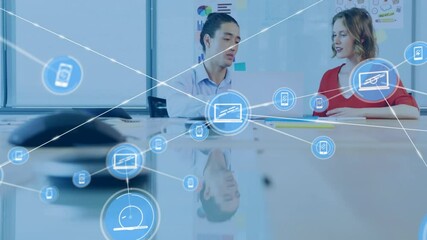 Poster - Animation of network of connections with device icons over diverse business people in office