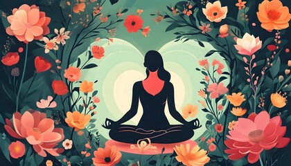 Tranquil guided meditation concept featuring a stylized heart illustration embraced by floral elements, evoking mindfulness and serenity