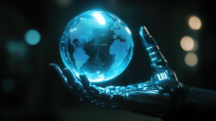 Poster - A robotic hand holding a glowing blue digital sphere, symbolizing advanced AI technology, transparent interfaces, and future innovation