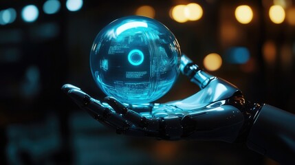 Poster - A robotic hand holding a glowing blue digital sphere, symbolizing advanced AI technology, transparent interfaces, and future innovation