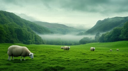 Wall Mural - A herd of sheep grazing in a lush green field, AI