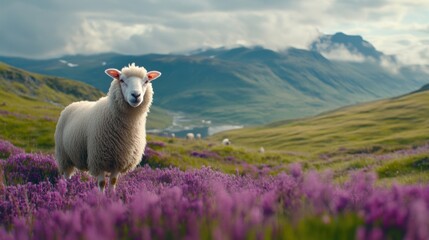 Poster - A sheep standing in a field of purple flowers with mountains behind it, AI