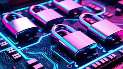 Sticker - Close-up of multiple padlocks in neon pink and blue light on a circuit board.